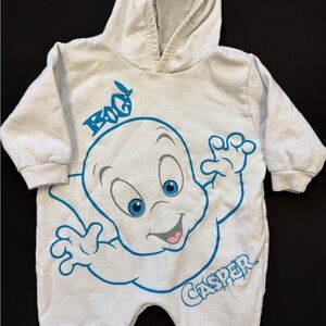 Hooded Baby One-Piece in White with Blue Graphic